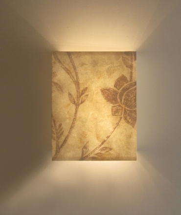 Close up of Bespoke hand painted Eucalyptus paper wall light 