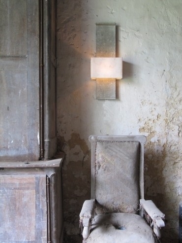 Stunning architectural wall light. This applique is called Nuit de Chine and it is hand painted using natural earth pigments by sculptor and lamp maker Hannah Woodhouse. Ideal for narrow spaces such as hallways and stairwells.