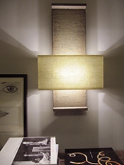 Nuit de Chine architectural wall light in faux bronze with glazed linen shade by Hannah Woodhouse